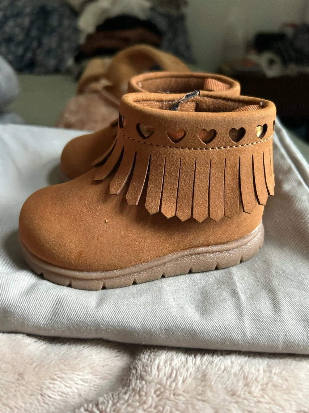Toddler Fringe Ankle Boots in Tan with Heart Cutouts
